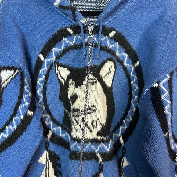 Yari Artesanias Sweater Jacket Large Wolf Nature wool Ecuador Blue‎ Hoodie VTG - Picture 4 of 14